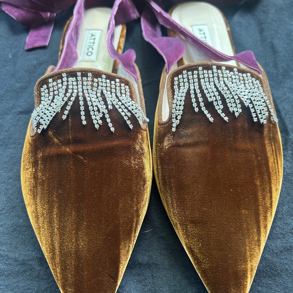 The Attico Brown Velvet Flats with Crystal Fringe – Size  US-10 EU-40